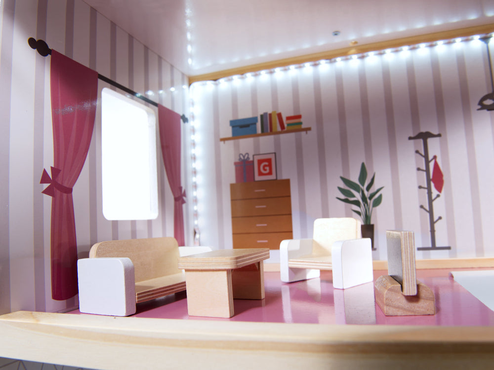 MDF koka leļļu māja + mēbeles 78cm melna LED