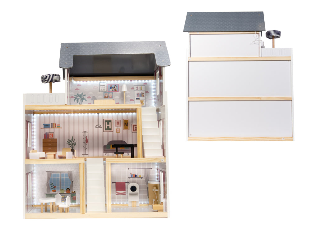 MDF koka leļļu māja + mēbeles 78cm melna LED