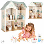 LULILO koka lellu mājiņa ar mēbelēm un figūriņām, 56 cm, piparmētru krāsā