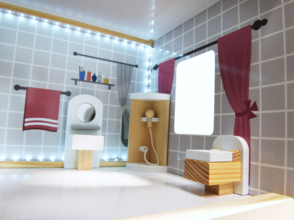 MDF koka leļļu māja + mēbeles 78cm melna LED