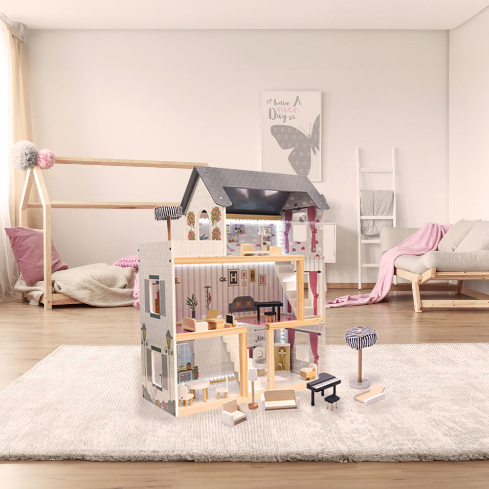 MDF koka leļļu māja + mēbeles 78cm melna LED