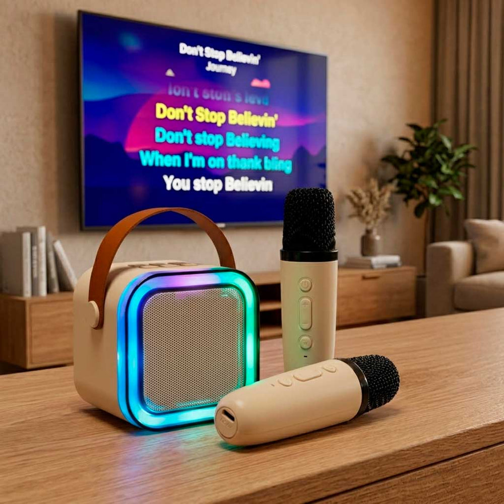 Karaoke komplekts 2 mikrofoni + portatīvais skaļrunis BLUETOOTH USB LED bēšs