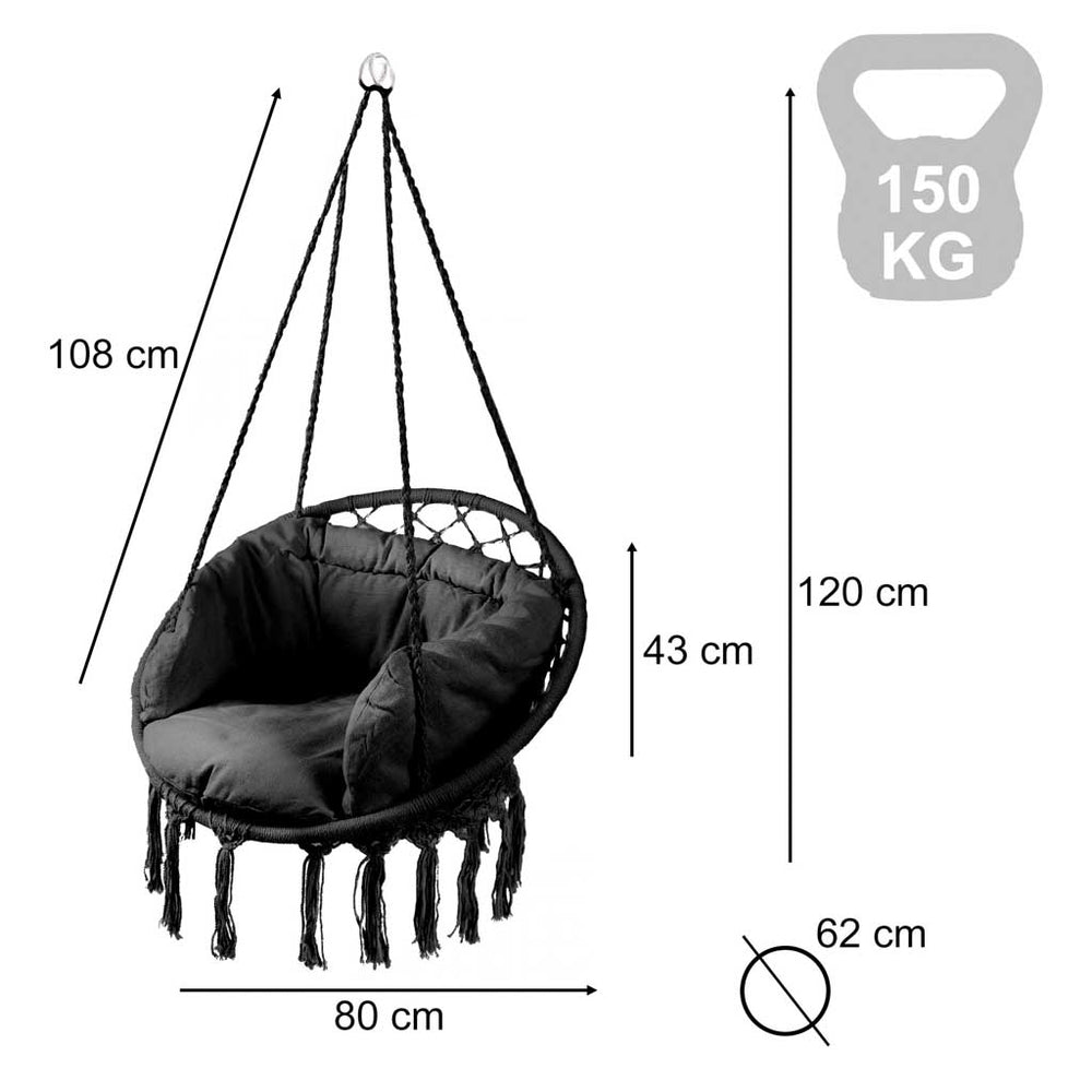 Stārķa ligzda krēsls šūpoles ar atzveltni melns 80cm + spilveni