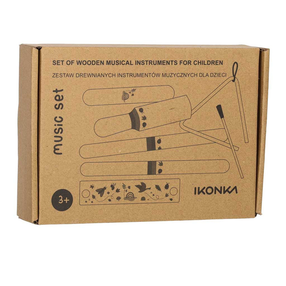 Koka mūzikas instrumenti bērniem: trijstūris, nūjiņas, mutes harmonika, rīve