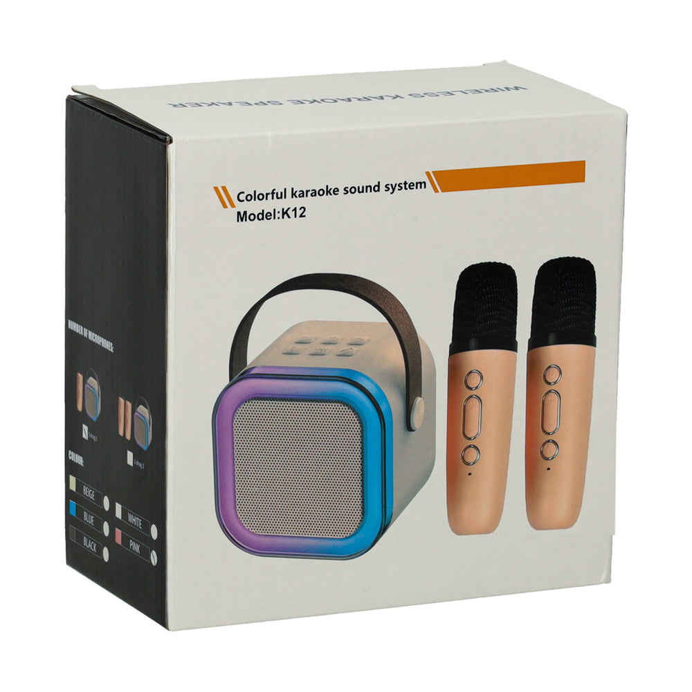 Karaoke komplekts 2 mikrofoni + portatīvais skaļrunis BLUETOOTH USB LED bēšs