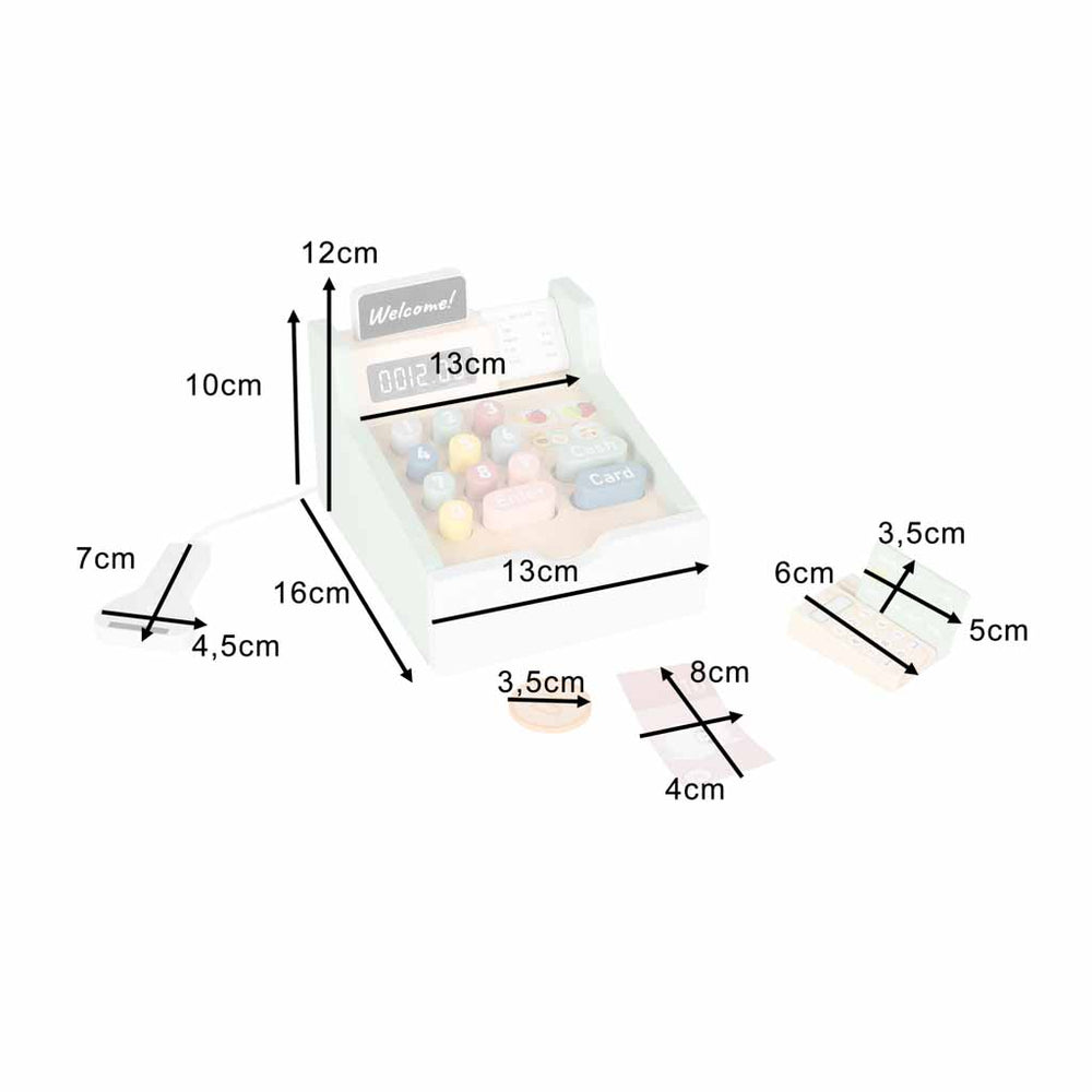 Kases aparāts bērniem, veikala kases aparāts, koka termināls, skeneris