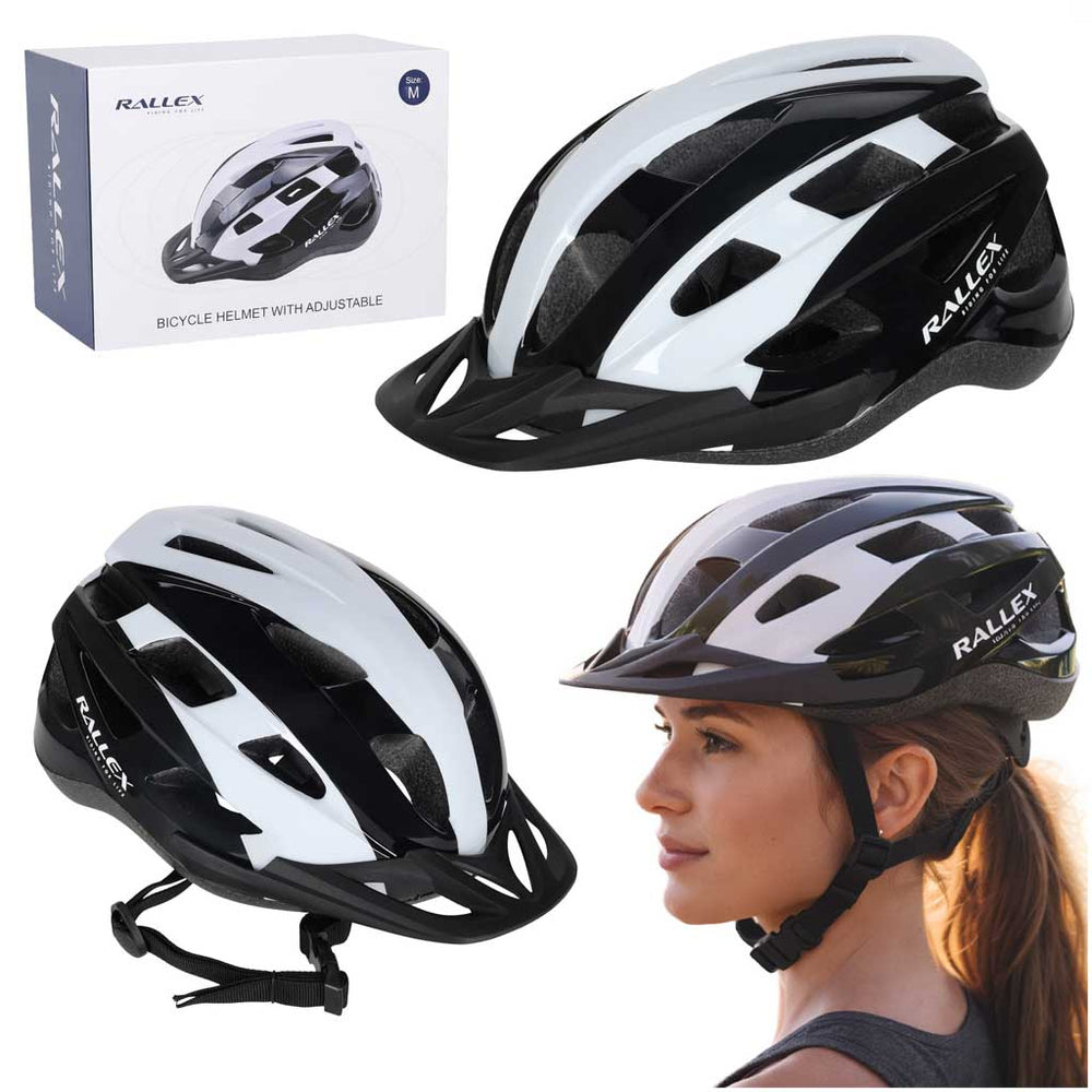 RALLEX sieviešu velosipēdu ķivere vīriešu regulējama melnā un baltā M 54-58cm