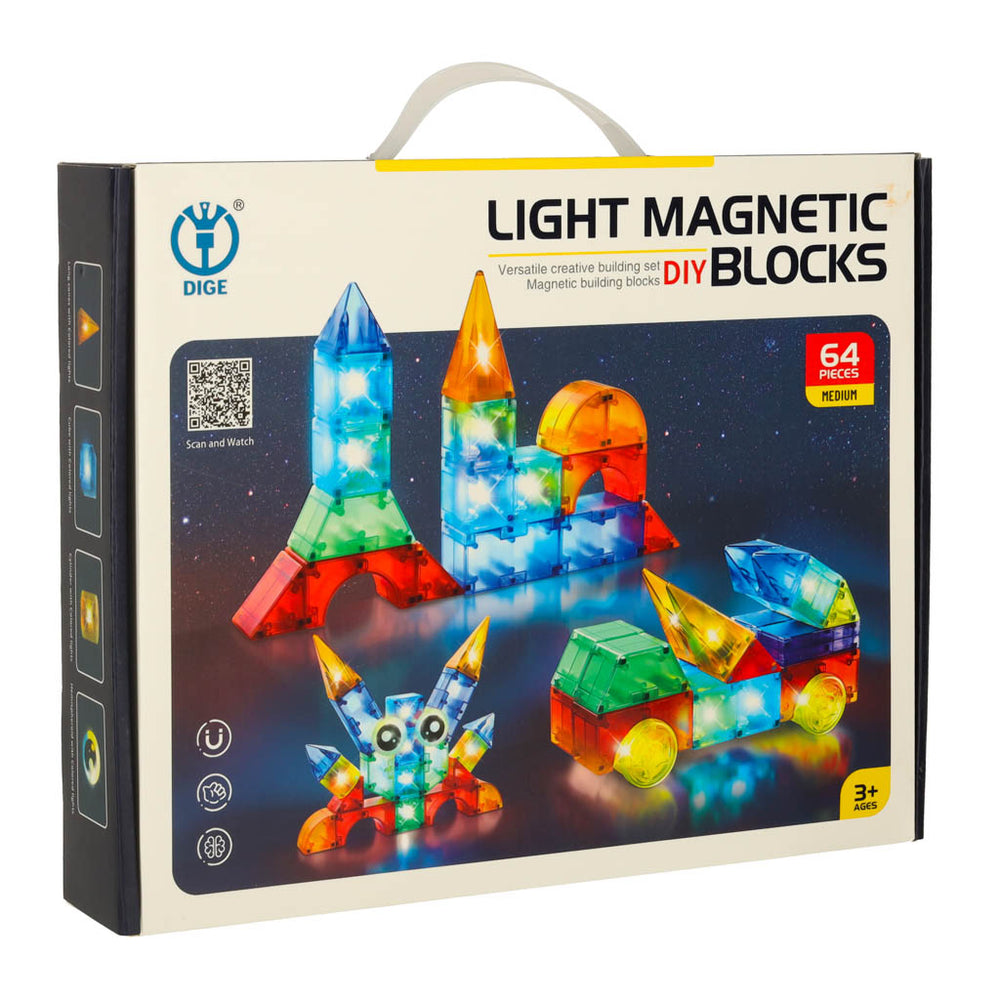 3D konstrukcijas magnētiskie ķieģeļi ar LED spīdēšanu 64 gab.