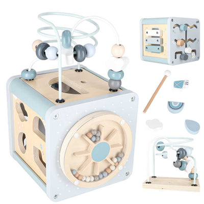 Koka izglītojošs rotaļlieta motorikas attīstībai „5-in-1“ ar cilpu, zila