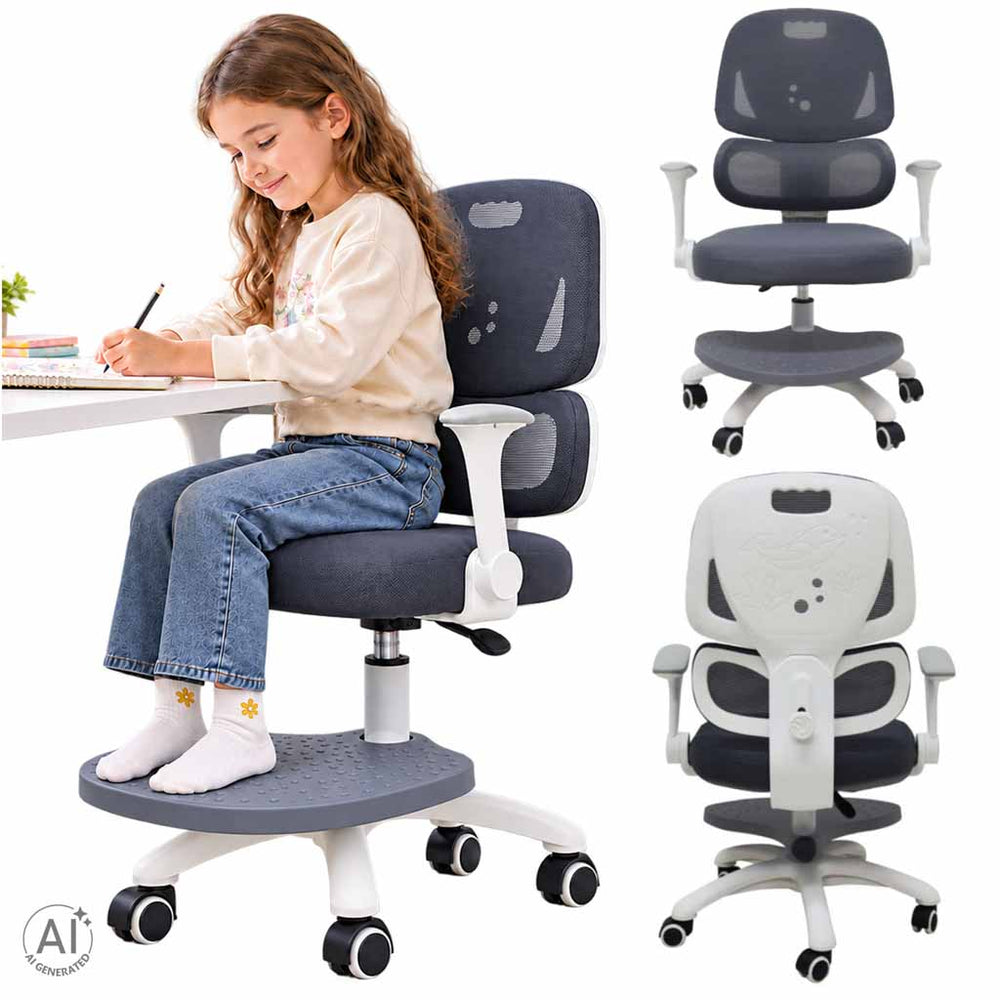 Bērna rakstāmgalda krēsls – ergonomisks, pagriežams, regulējams, pelēks