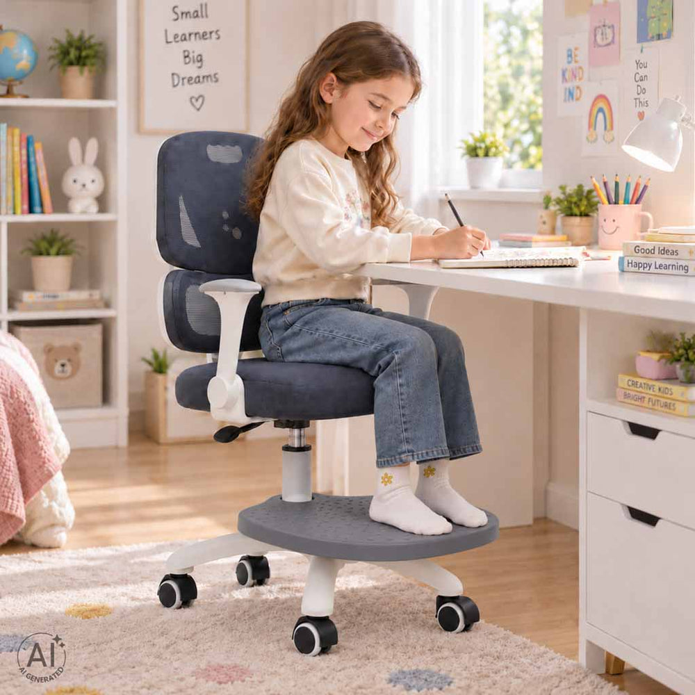 Bērna rakstāmgalda krēsls – ergonomisks, pagriežams, regulējams, pelēks