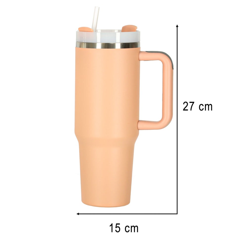Termiskā krūze ar salmiņu un rokturi termoss 1200ml pulverveida rozā krāsā