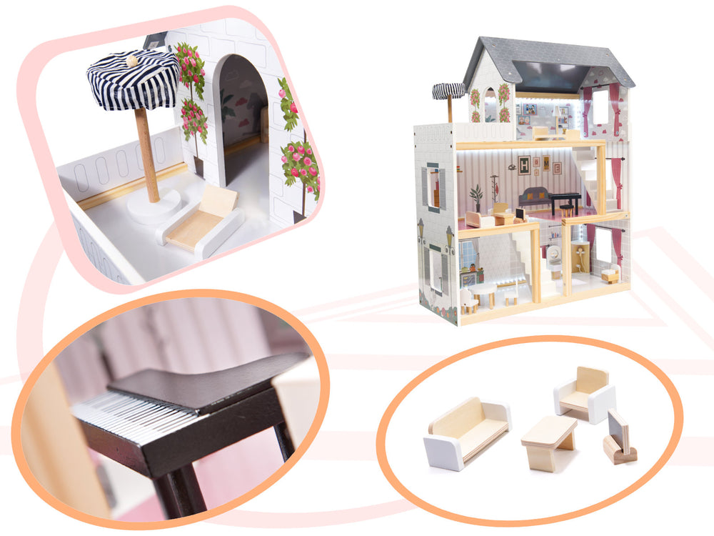 MDF koka leļļu māja + mēbeles 78cm melna LED