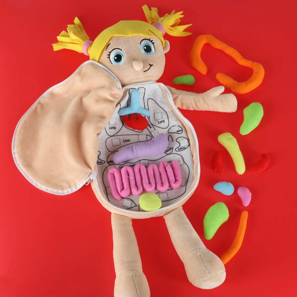 Maskot lelle, kas mācās anatomiju meitene