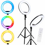 RGB LED gredzenveida lampa selfiju video uzņemšanai ar statīvu un tālvadības pulti, 45 cm