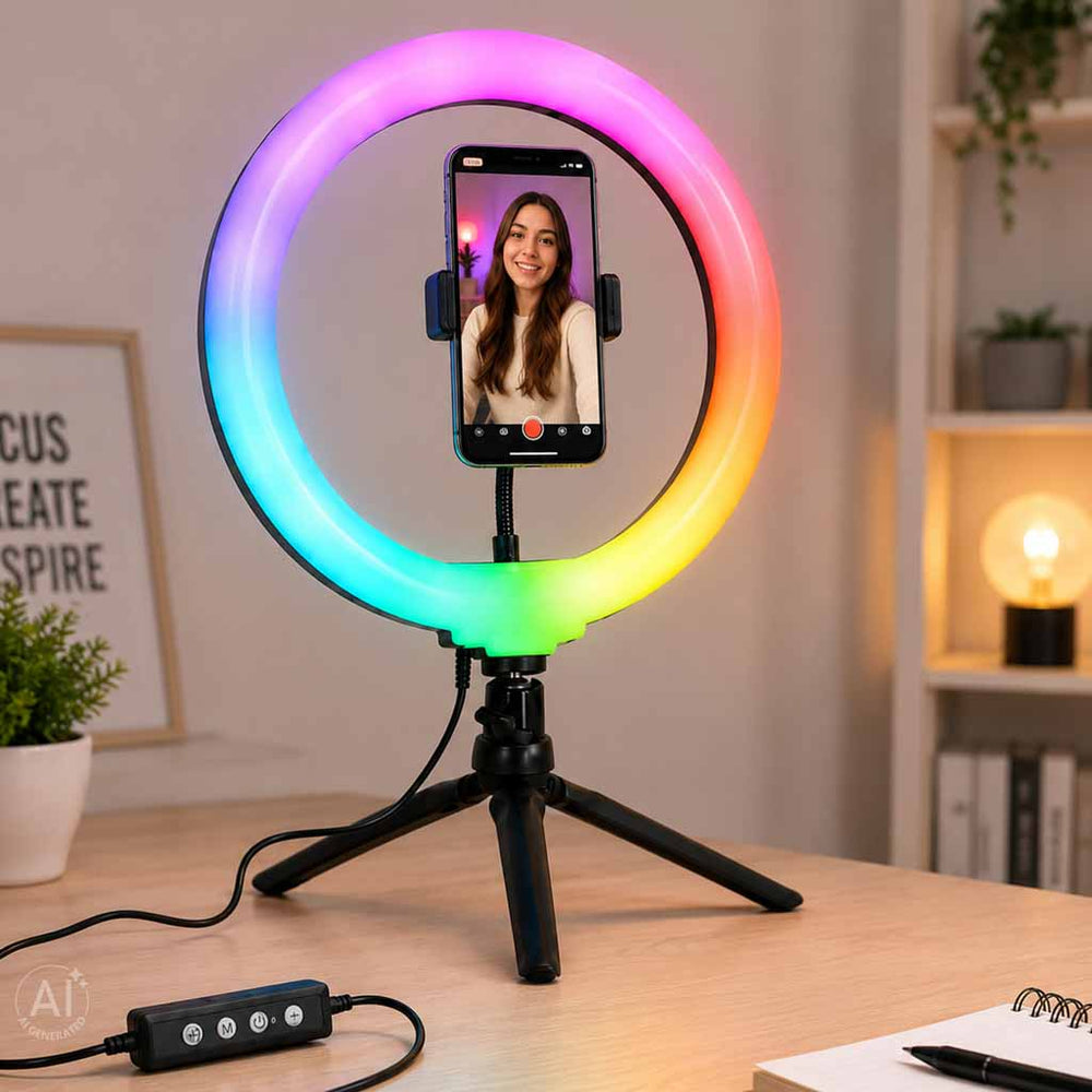 RGB LED gredzenveida selfiju lampa uz statīva
