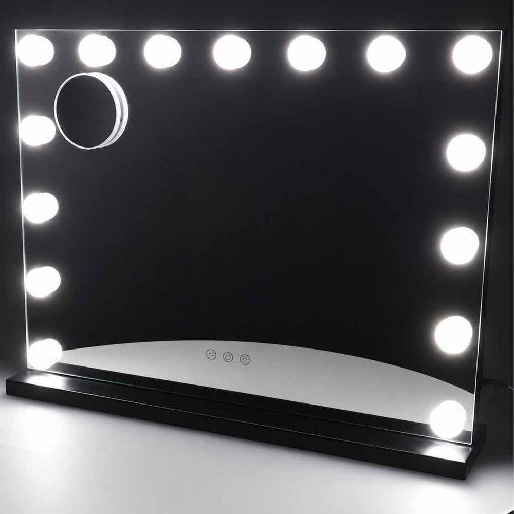 LED grima spogulis ar 15 spuldzēm, kosmētiskais palielinājums x10, spilgtuma regulēšana