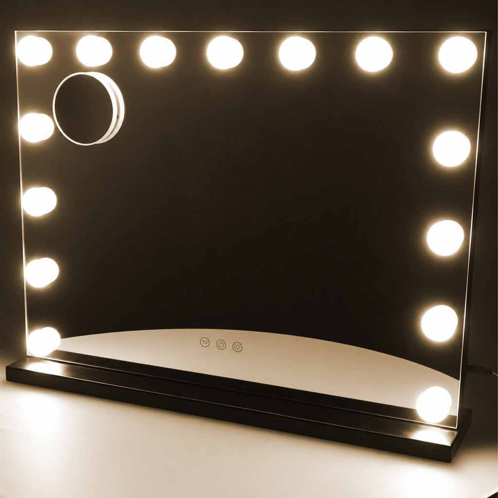 LED grima spogulis ar 15 spuldzēm, kosmētiskais palielinājums x10, spilgtuma regulēšana