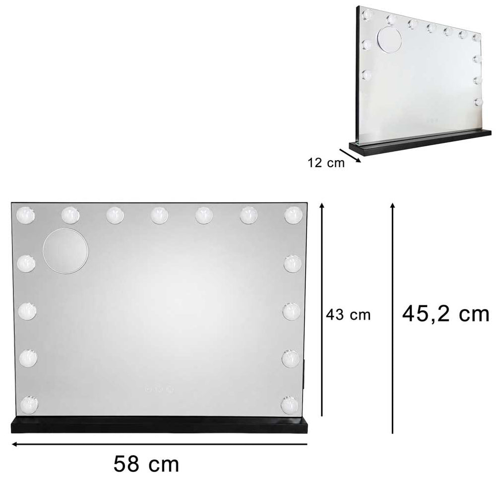 LED grima spogulis ar 15 spuldzēm, kosmētiskais palielinājums x10, spilgtuma regulēšana