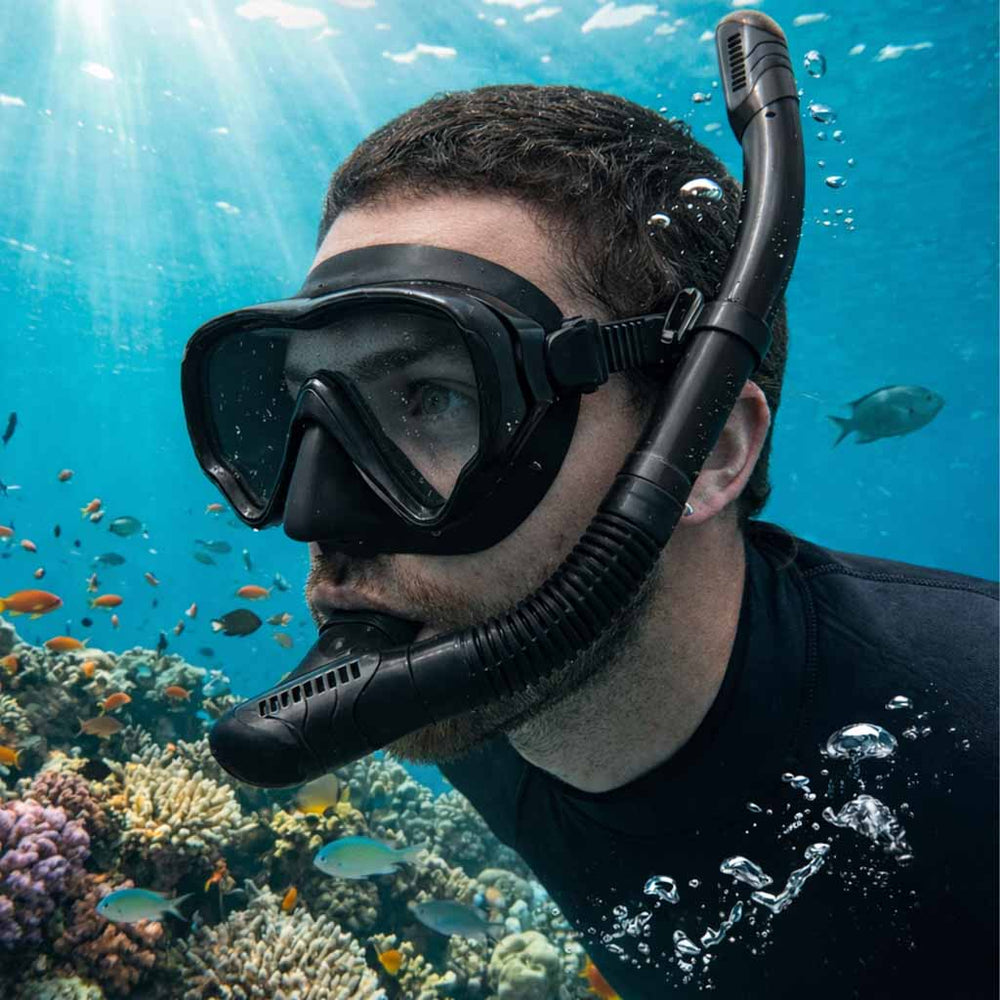 Snorkelēšanas maska, brilles, caurule un pīpe – komplekts, melns