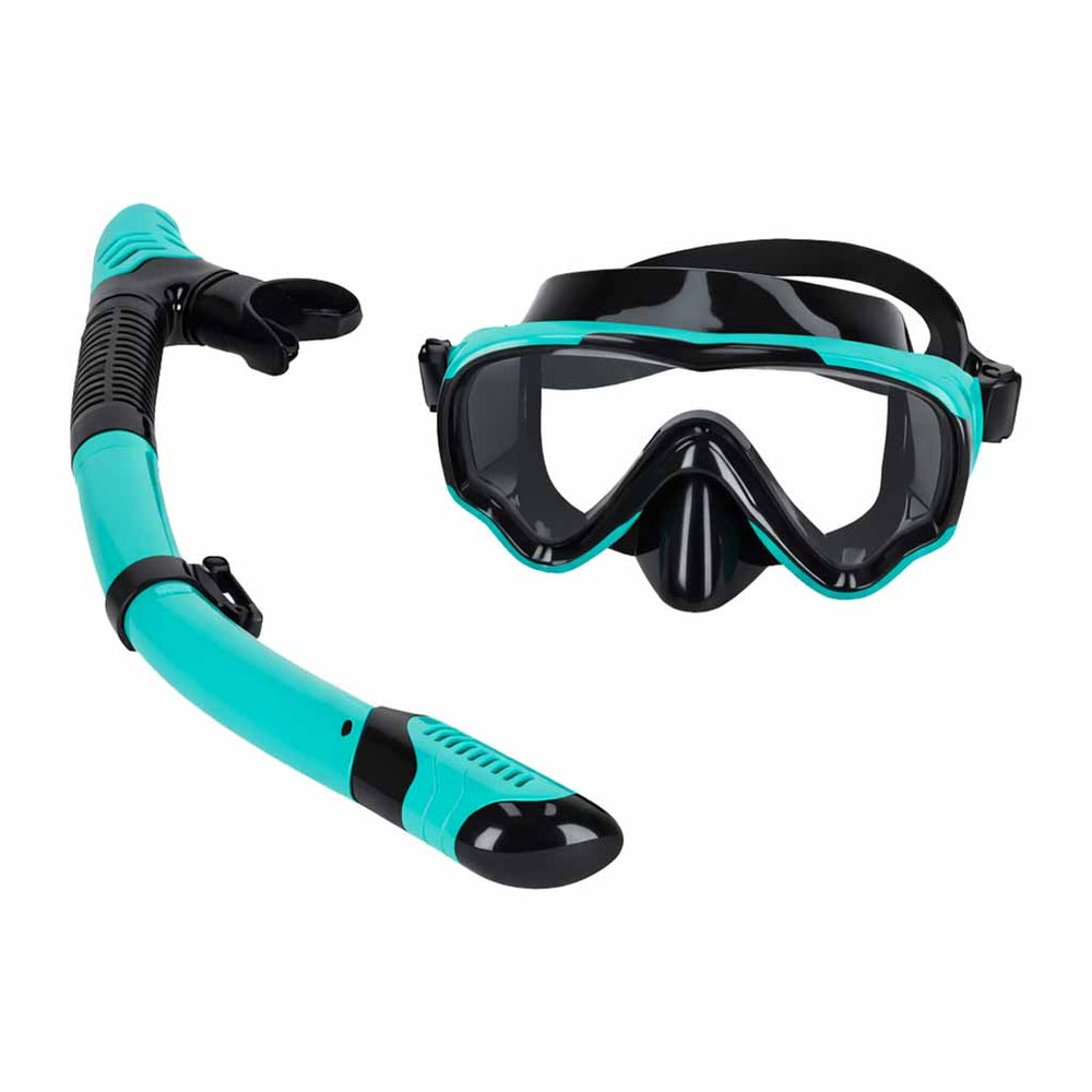 Snorkelēšanas maska, brilles, caurule un pīpe – komplekts zils-melns