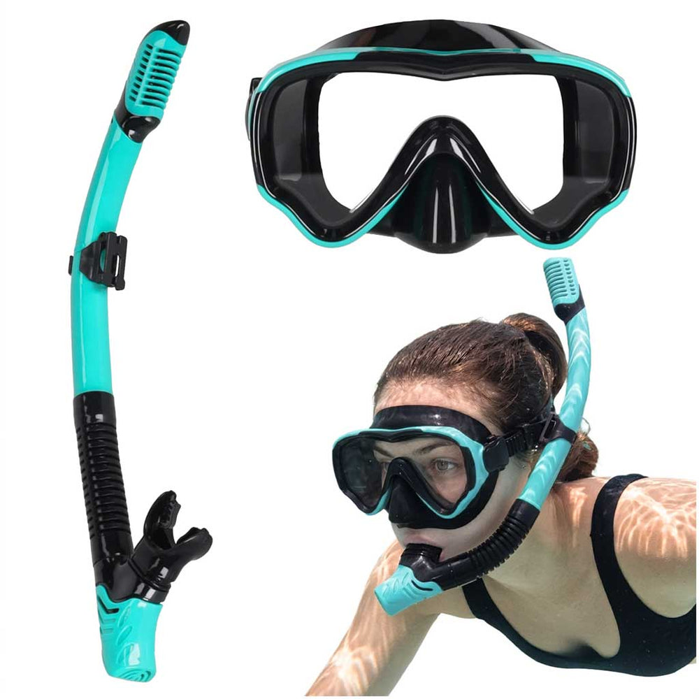 Snorkelēšanas maska, brilles, caurule un pīpe – komplekts zils-melns