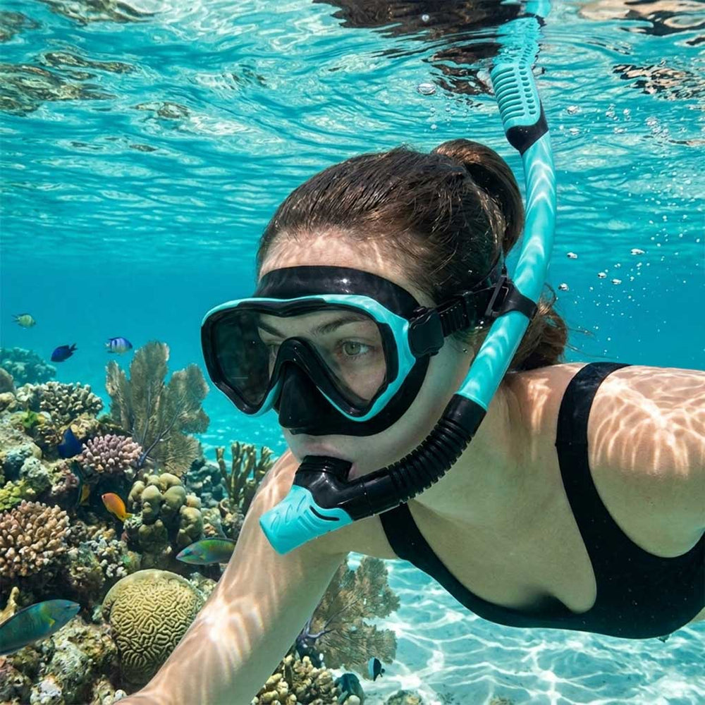 Snorkelēšanas maska, brilles, caurule un pīpe – komplekts zils-melns