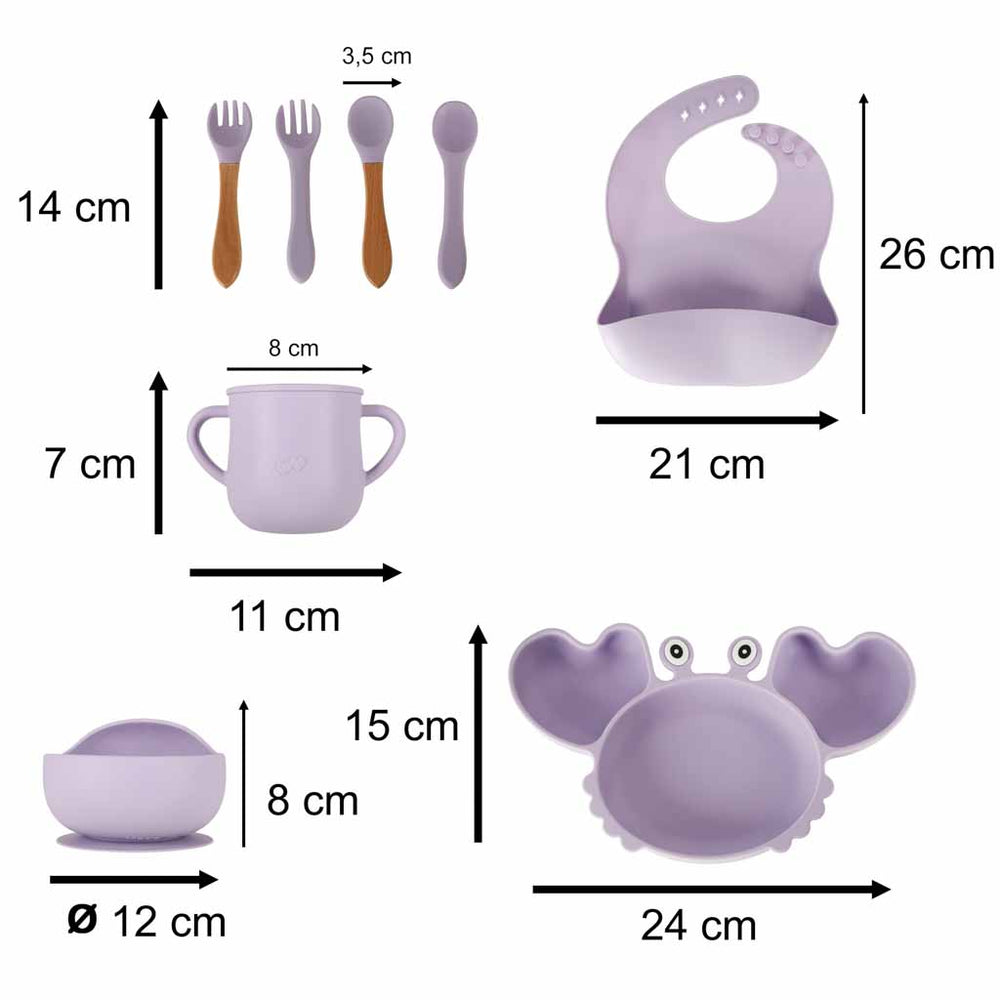 Bērnu silikona trauki krabju komplekts 9 gabaliņi violeti