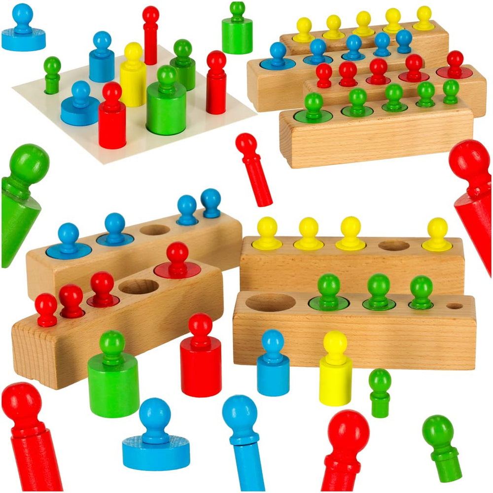 Montessori koka cilindru atsvariņi krāsaini
