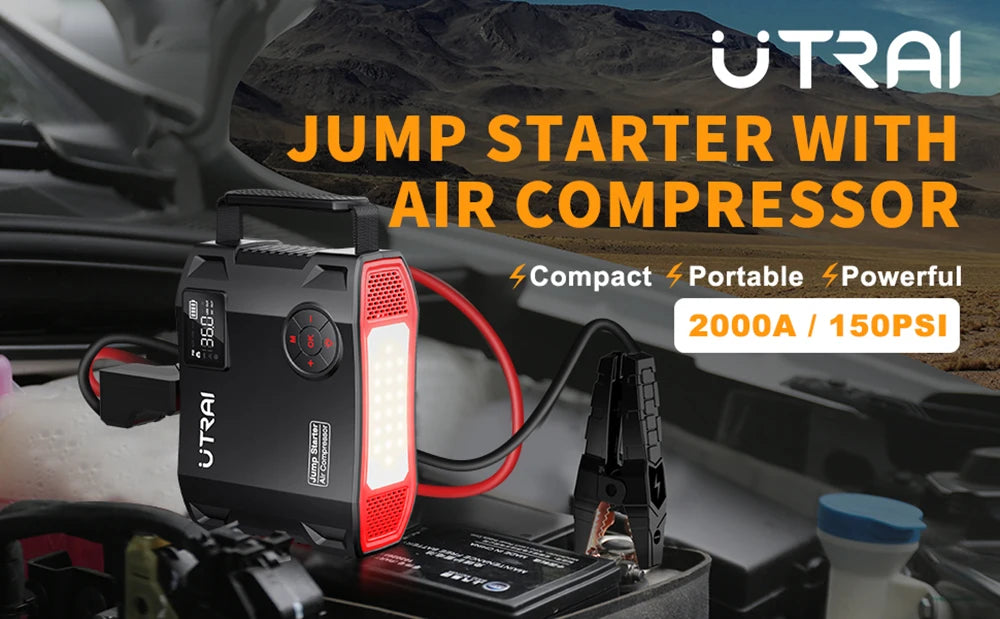 UTRAI 4-in-1 2000A automašīnas starteris ar gaisa kompresoru un Power Bank funkciju (16000mAh, 150PSI)