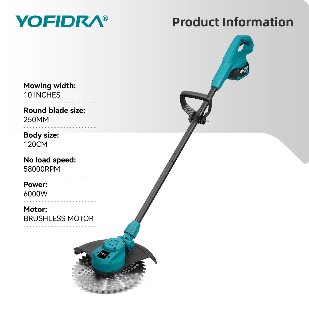 YOFIDRA 10Inch Brushless Electric Lawn Mower 6000W Foldable Grass Cutter Trimmer Garden Power Tool For Makita 18V Battery Pin