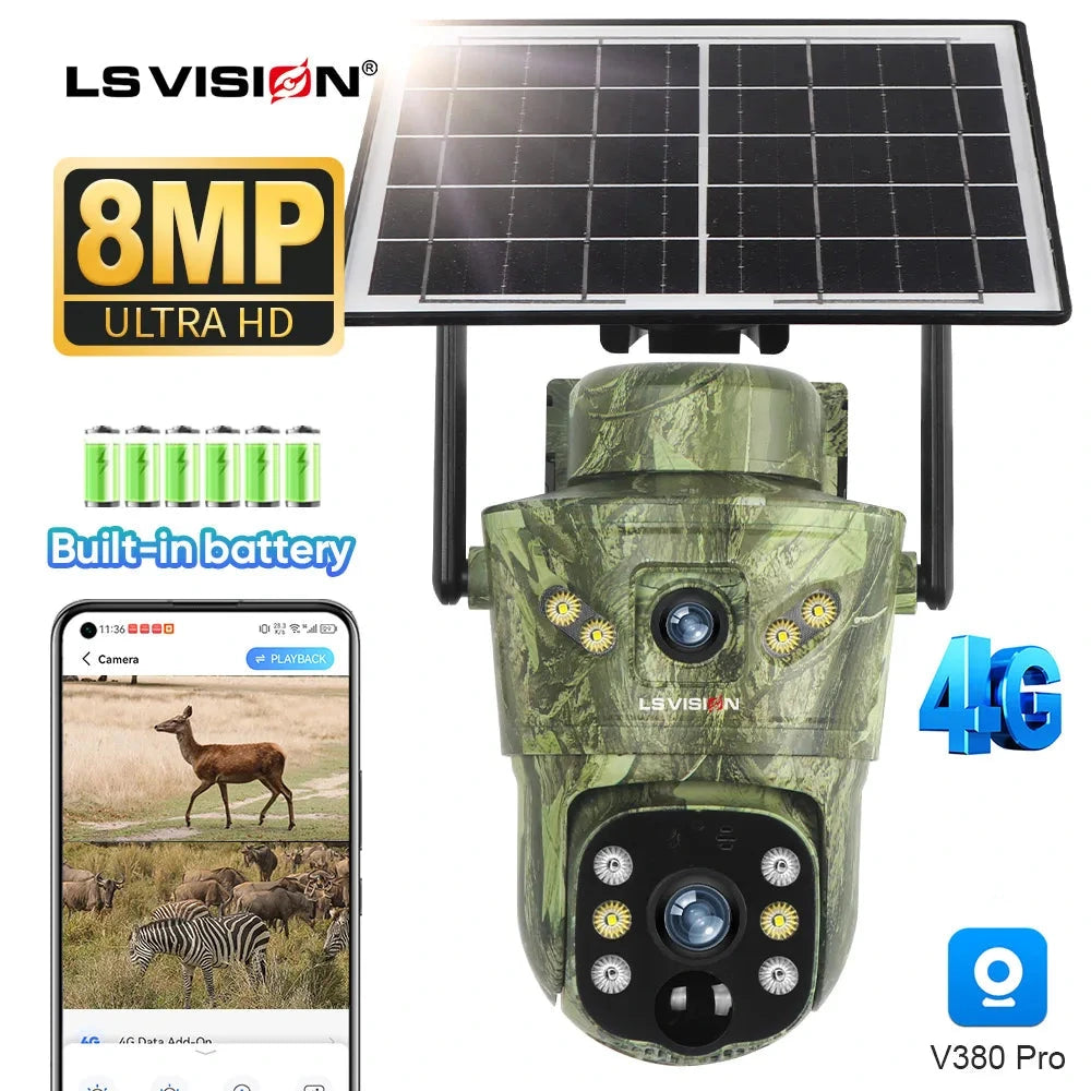 LS VISION 4K Dual Screen 4G Solar Trail Camera Outdoor WiFi PTZ PIR Detection 2-Way Talk Waterproof Wildlife Camera V380 Pro App