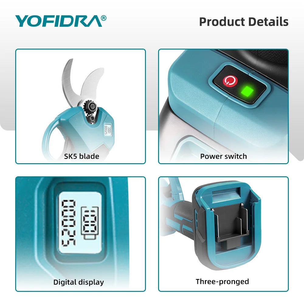 YOFIDRA Brushless Electric Scissors 30MM 2Gears Cordless Fruit Tree Branch Pruner Shear Power Tools For Makita 21V Battery Pin