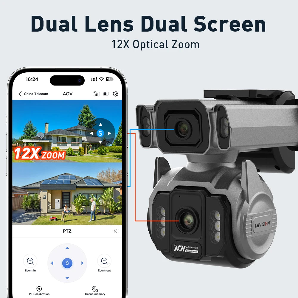 LS VISION 10MP Dual Screen 4G AOV Solar Camera 12X Optical Zoom Outdoor 24/7 Video Recording Auto Zoom Tracking Security Cameras