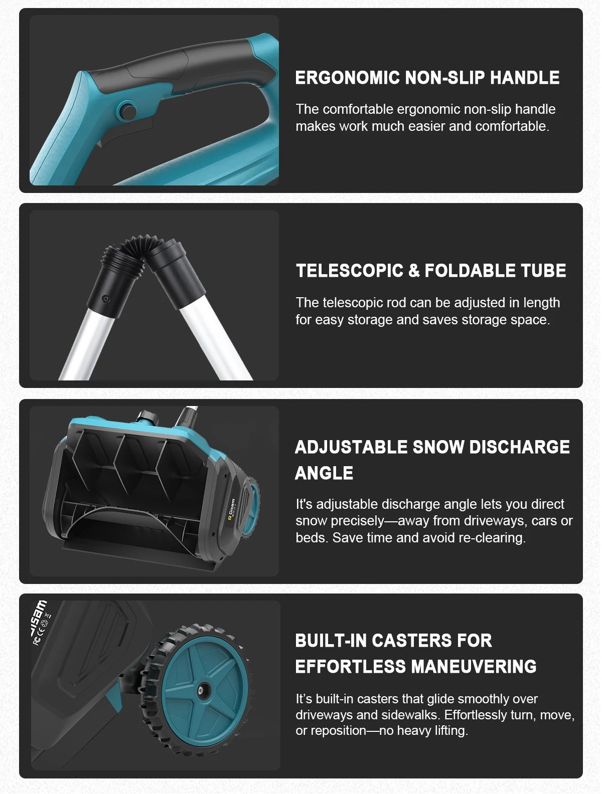 Elektriskā sniega lāpsta ar papildu ritenīšiem, 33 cm, 2 akumulatori komplektā