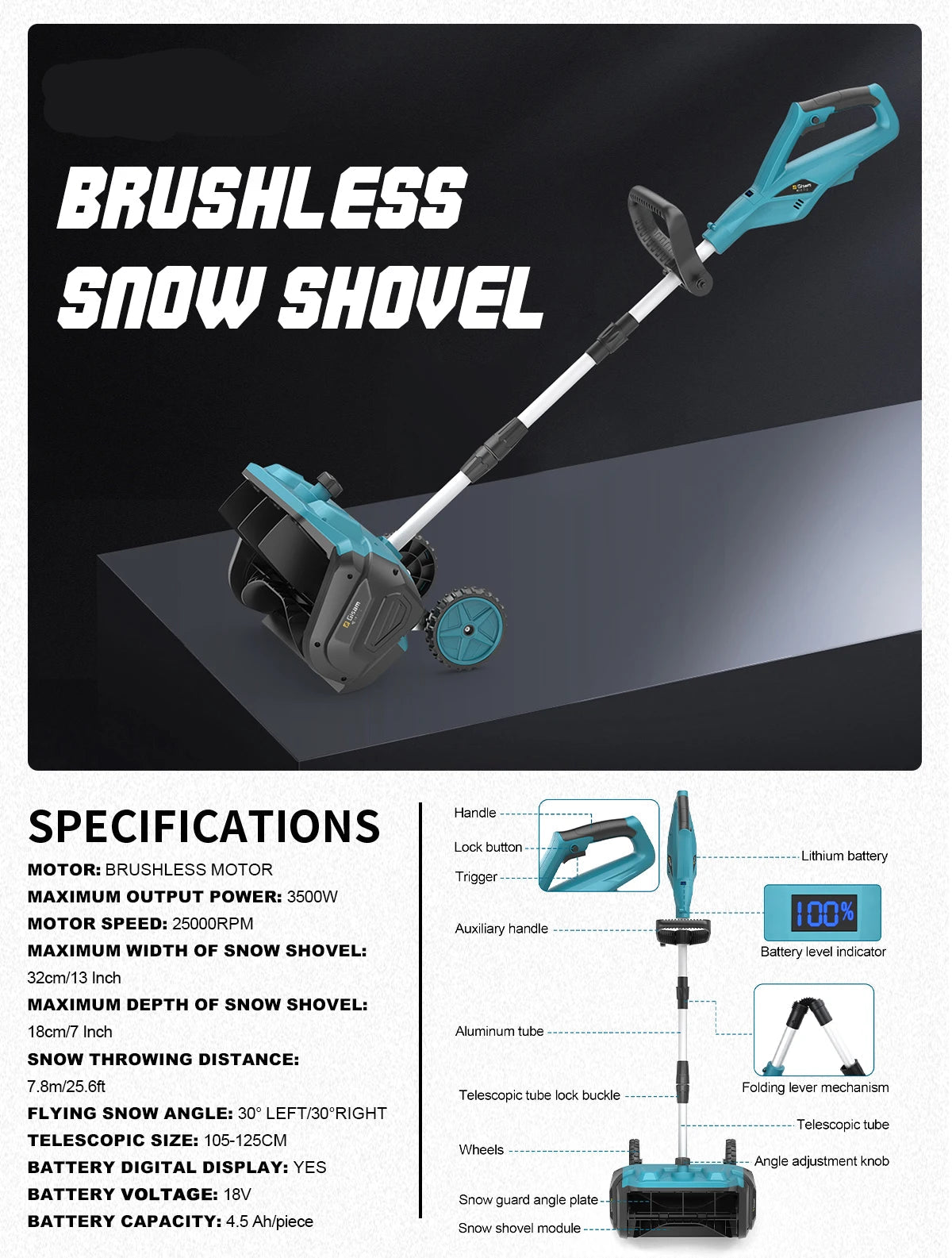 Elektriskā sniega lāpsta ar papildu ritenīšiem, 33 cm, 2 akumulatori komplektā