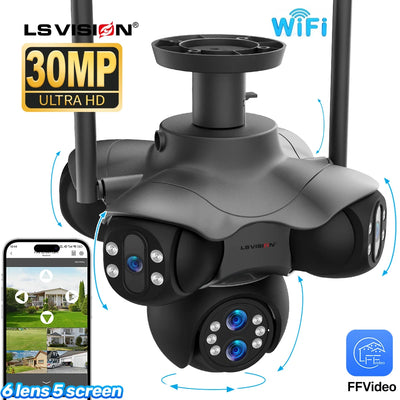 LS VISION 30MP Five Screens Panoramic Security Camera Outdoor 5 PTZ 6 Lens 10X Optical Zoom Auto Tracking Waterproof CCTV Camera