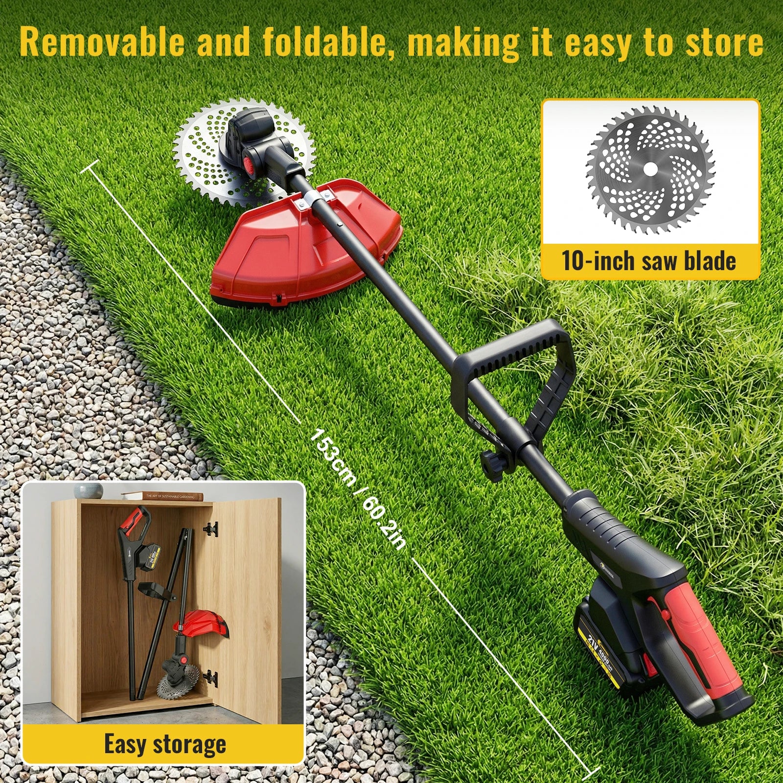 CONENTOOL 21V Brushless Grass Trimmer 10 Inch Cordless Electric Lawn Mower with 2 Batteries Support Wheel Folding Handle