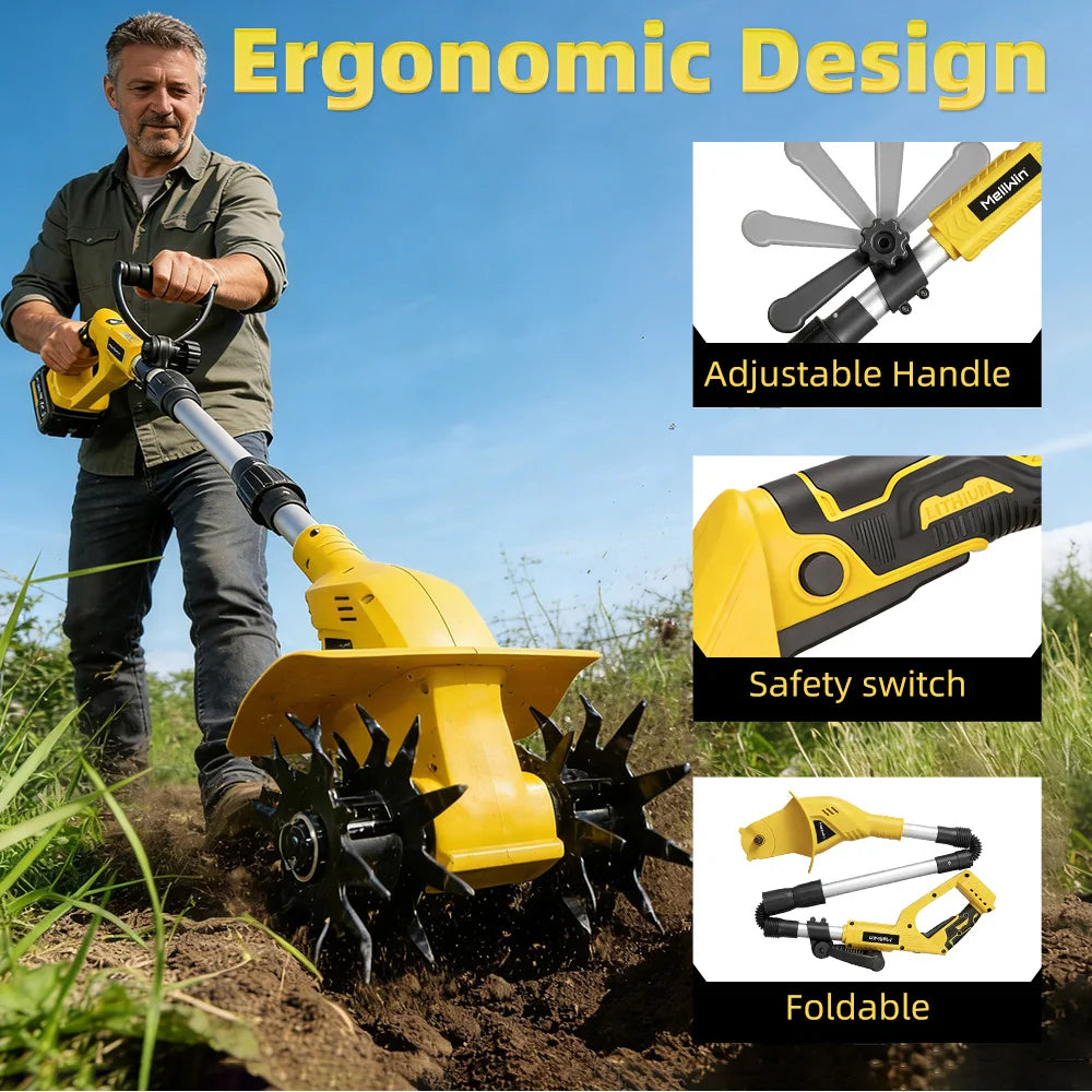MELLWIN Cordless Electric Garden Tiller Lawn Mower Rototiller For Garden illing and Cultivating Tool For Makita 18V Battery Pin
