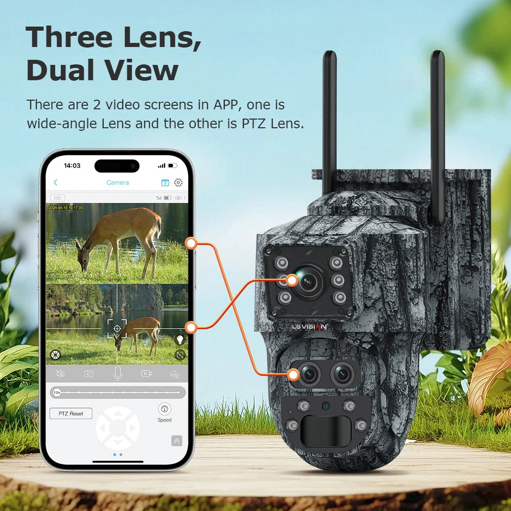 LS VISION 12MP 6K 15X Zoom Solar Camera Dual Screen Outdoor 4G/WIFI Three Lens PIR Detection Trail Camera Camouflage Forest Ubox