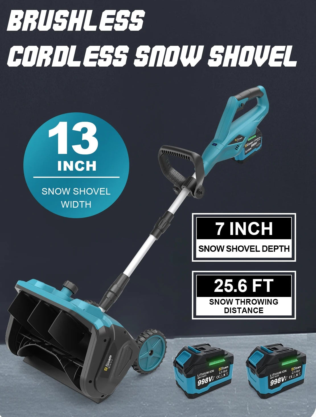 Elektriskā sniega lāpsta ar papildu ritenīšiem, 33 cm, 2 akumulatori komplektā