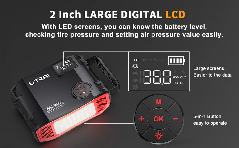 UTRAI 4-in-1 2000A automašīnas starteris ar gaisa kompresoru un Power Bank funkciju (16000mAh, 150PSI)