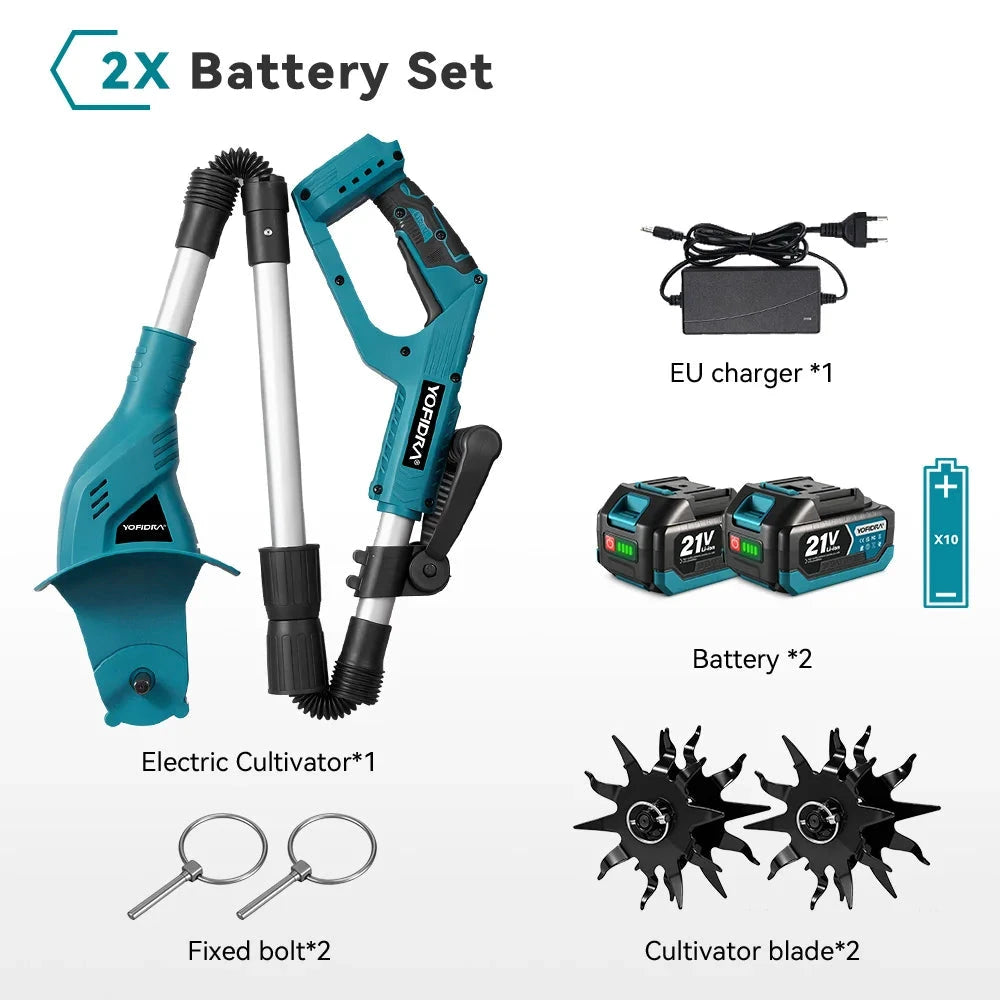 YOFIDRA Electric Garden Tiller Cultivator Scarifier Foldable Rototiller Soil Loosener Garden Tool For Makita 21V Battery Pin