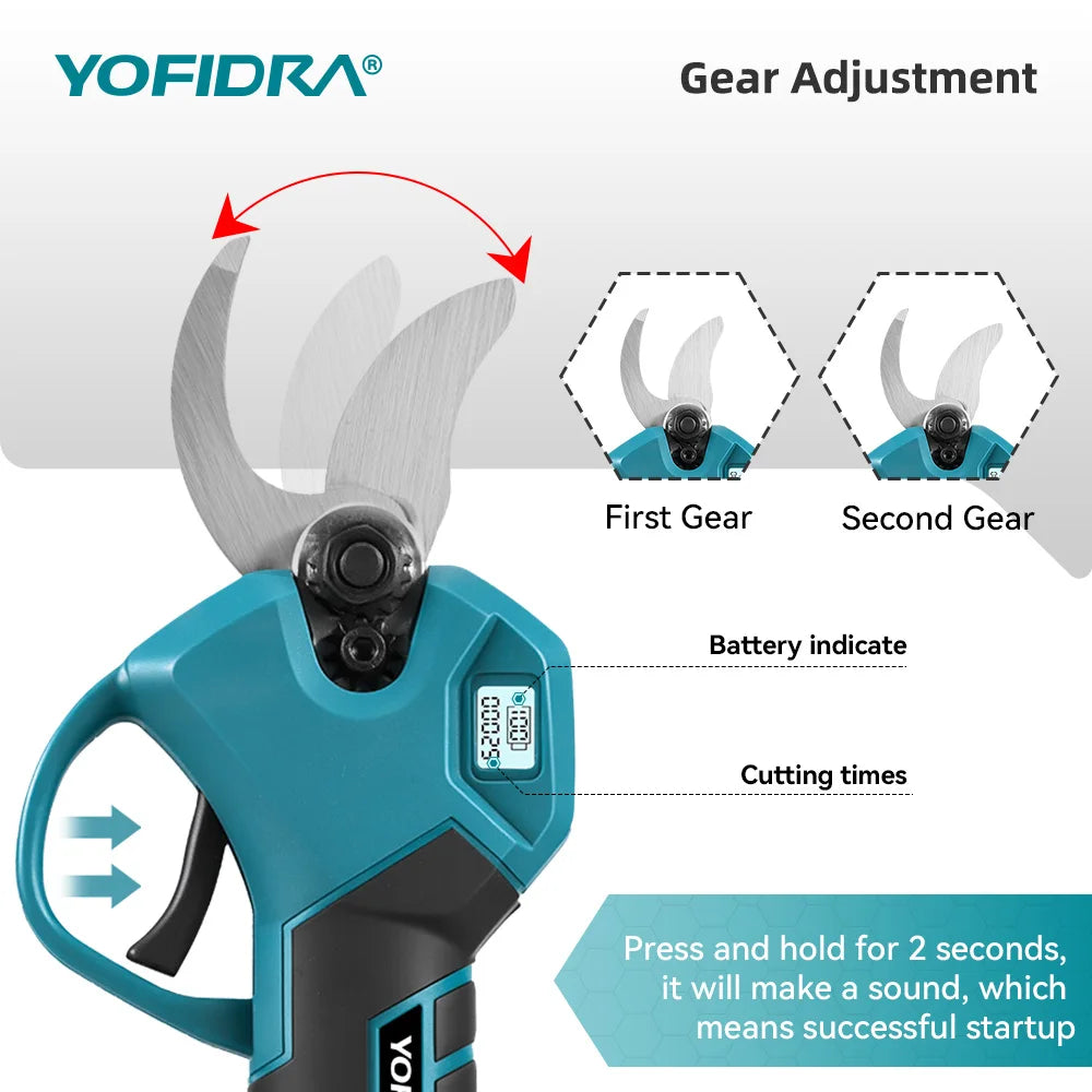 YOFIDRA Brushless Electric Scissors 30MM 2Gears Cordless Fruit Tree Branch Pruner Shear Power Tools For Makita 21V Battery Pin