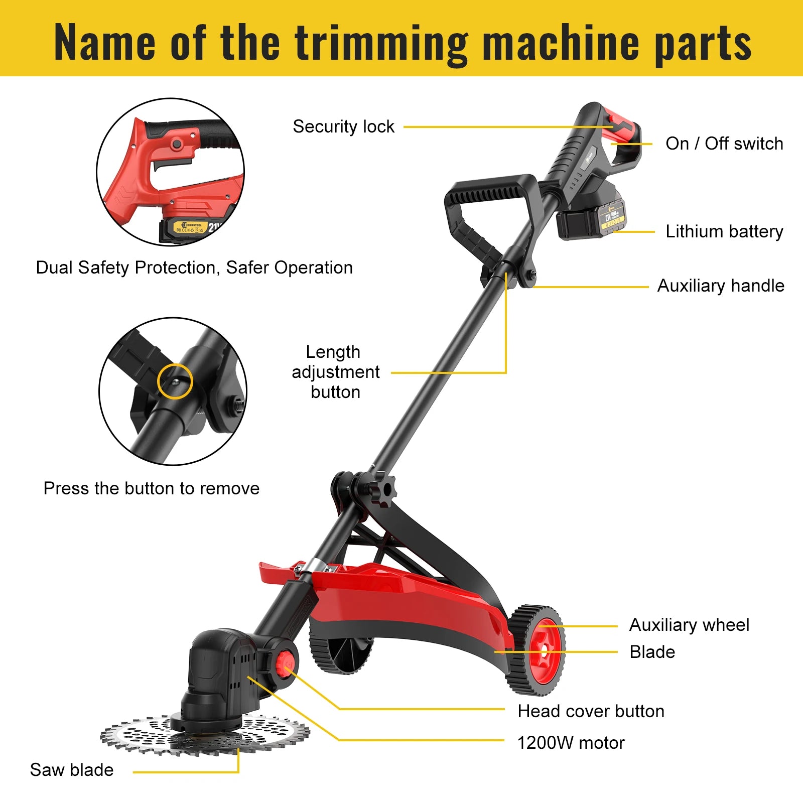 CONENTOOL 21V Brushless Grass Trimmer 10 Inch Cordless Electric Lawn Mower with 2 Batteries Support Wheel Folding Handle