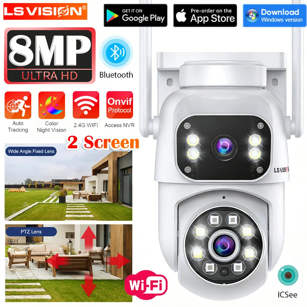 LS VISION 4K 8MP WiFi IP Camera Dual Lens Dual Screen Wireless Outdoor Security Cameras PTZ Human Detection Auto Tracking CCTV
