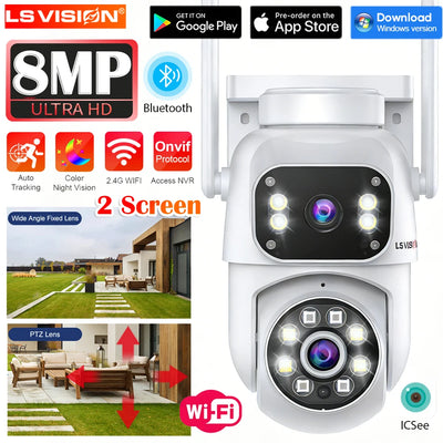 LS VISION 4K 8MP WiFi IP Camera Dual Lens Dual Screen Wireless Outdoor Security Cameras PTZ Human Detection Auto Tracking CCTV