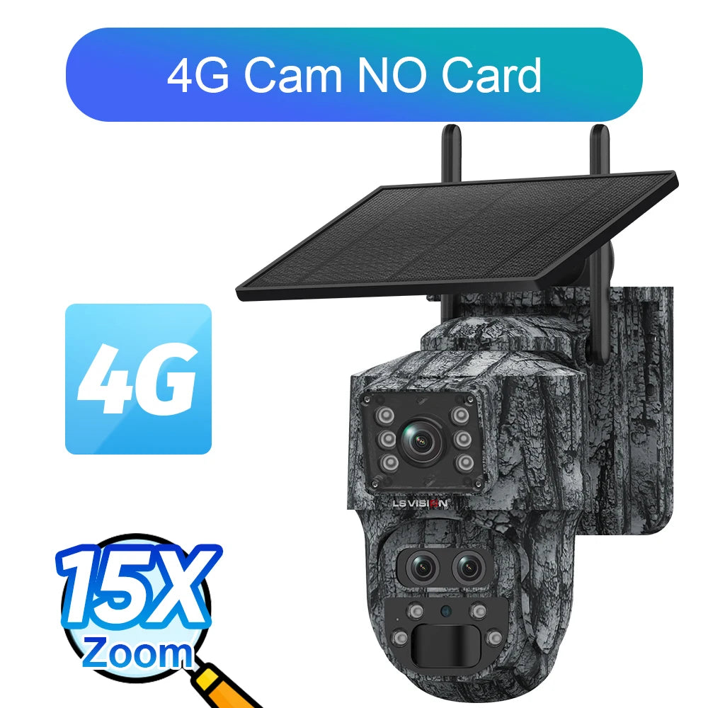 LS VISION 12MP 6K 15X Zoom Solar Camera Dual Screen Outdoor 4G/WIFI Three Lens PIR Detection Trail Camera Camouflage Forest Ubox