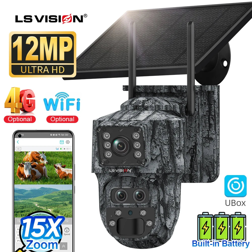 LS VISION 12MP 6K 15X Zoom Solar Camera Dual Screen Outdoor 4G/WIFI Three Lens PIR Detection Trail Camera Camouflage Forest Ubox