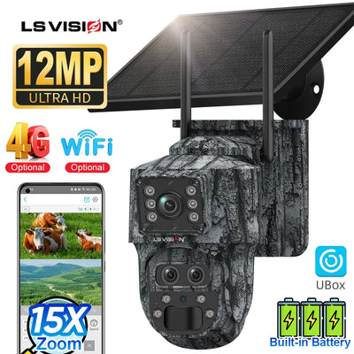 LS VISION 12MP 6K 15X Zoom Solar Camera Dual Screen Outdoor 4G/WIFI Three Lens PIR Detection Trail Camera Camouflage Forest Ubox